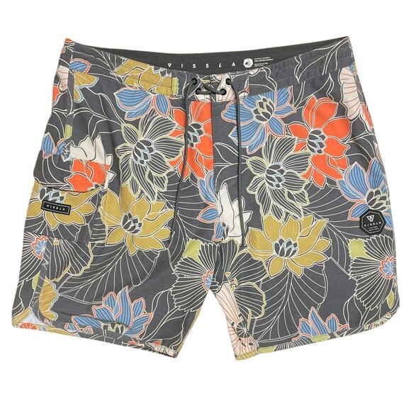 VISSLA Chuns 18.5" Antique Floral Boardshort Size 38 Gray Orange Yellow - Picture 1 of 7